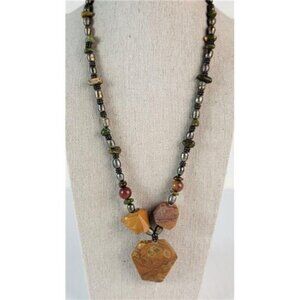 Vintage Artisan Jasper Gemstone And Freshwater Pearl Statement Necklace 21.5